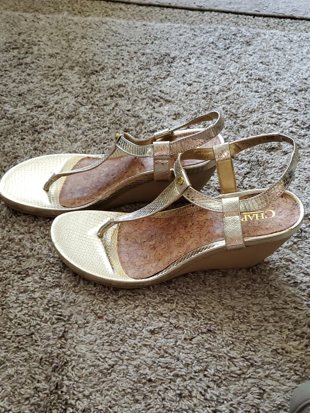 Gold T-Strap Wedge Sandals